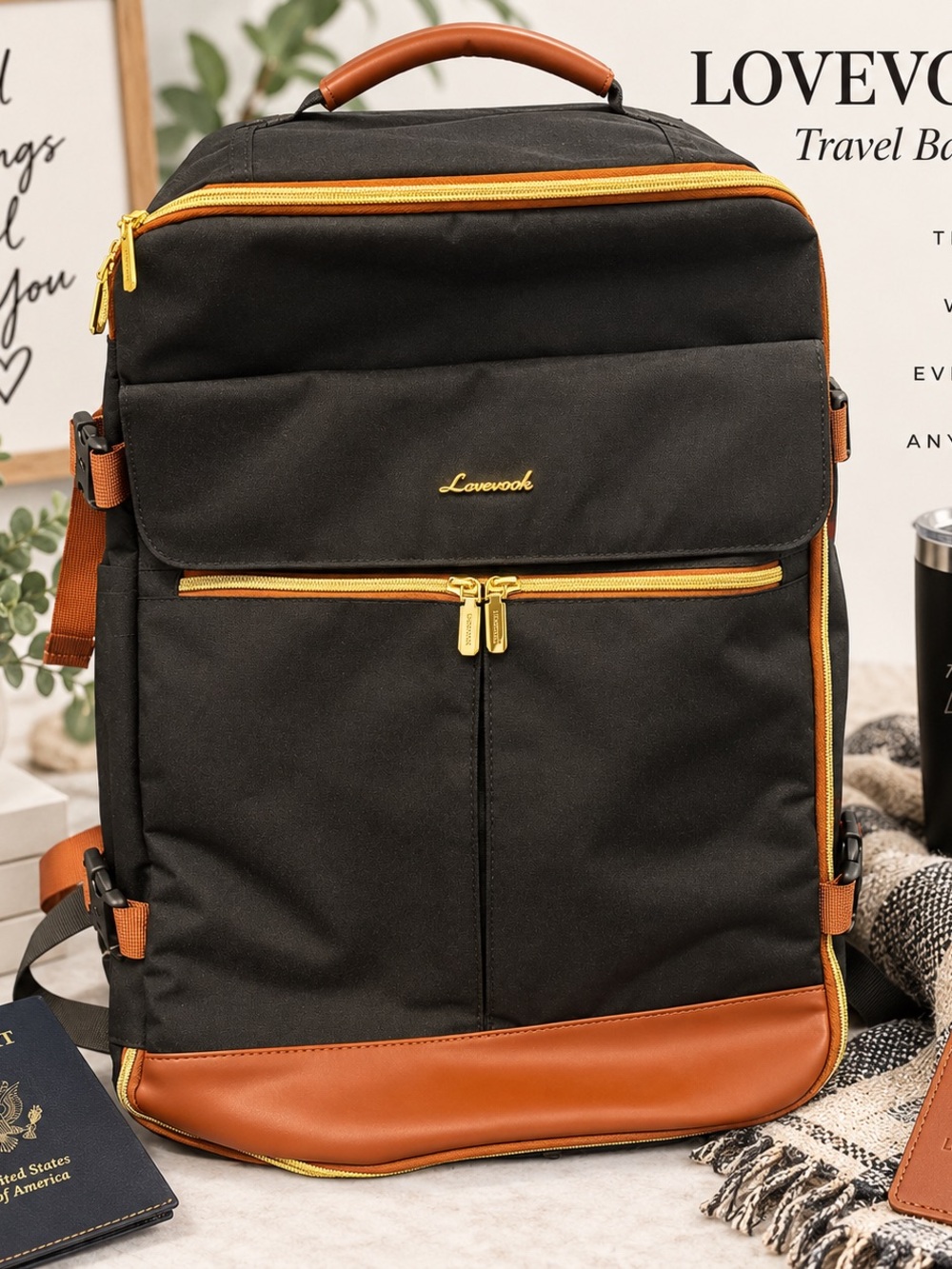 LOVEVOOK Travel Backpack Carry On Weekender Laptop Bag Black Brown Gold